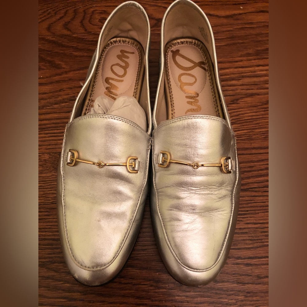 Sam Edelman Metallic Silver Leather Loafers with Gold Horsebit